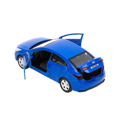 Машина металл HYUNDAI SOLARIS, 12 см, двери, багажн, инерц, синий, кор. Технопарк в кор.2*36шт