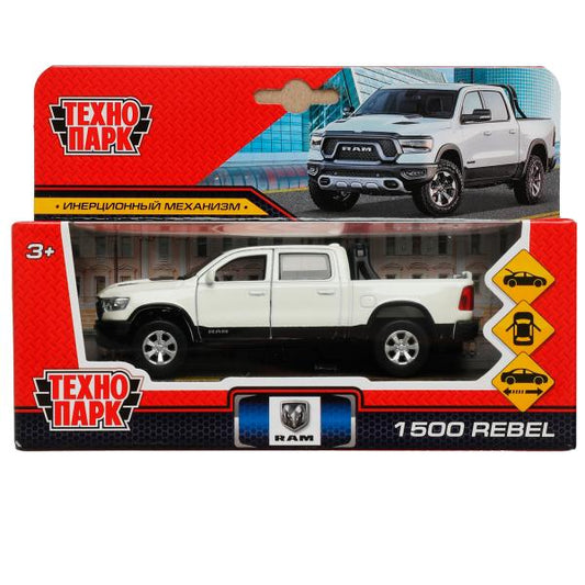 RAM1500-13-WH336807 Машина металл DODGE RAM 1500 REBEL 13 см, двери, багаж, инер, белый, кор. Техноп
