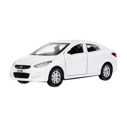 Машина металл HYUNDAI SOLARIS, 12 см, двери, багажн, инерц, белый, кор. Технопарк в кор.2*36шт