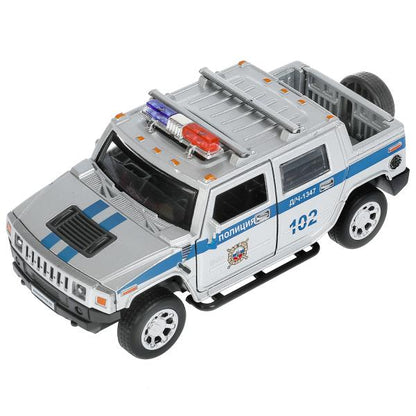Машина металл свет-звук HUMMER H2 PICKUP ПОЛИЦИЯ 12 см, двери, багажн, кор. Технопарк в кор.2*36шт