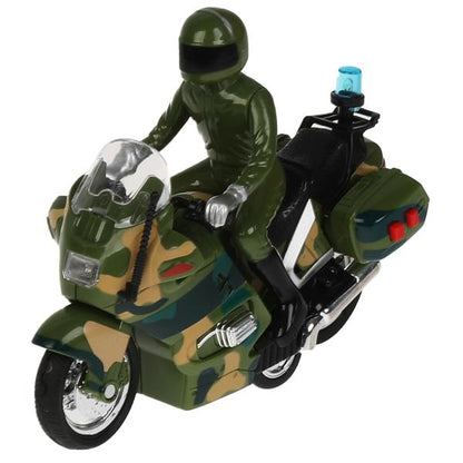 MOTOFIG-15PLMIL-GN Модель пластик свет-звук МОТОЦИКЛ ВОЕННЫЙ 15 см, 2 кноп, инерц, камуф, кор. Техно