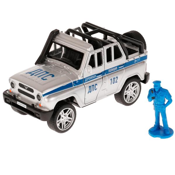 Машина металл свет-звук UAZ HUNTER ПОЛИЦИЯ 11,5 см, двери, фигурка, кор. Технопарк в кор.2*36шт