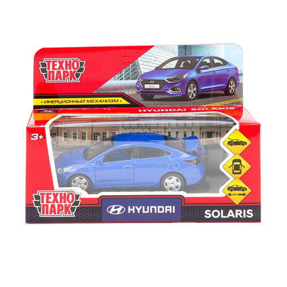 Машина металл HYUNDAI SOLARIS, 12 см, двери, багажн, инерц, синий, кор. Технопарк в кор.2*36шт