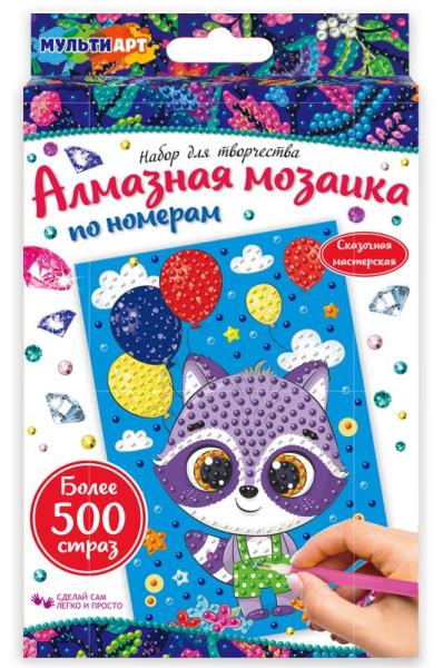 Наб д/тв-ва алмазная мозаика енотик 10*15 см МУЛЬТИ АРТ в кор.50шт