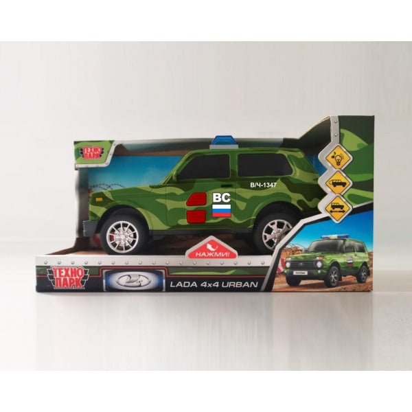 Машина пластик свет-звук LADA 4x4 URBAN КАМУФЛЯЖ 19,5 см, 2 кноп, инер, кор. Технопарк в кор.36шт