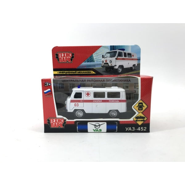 UAZ452-11AMB-WH Машина металл уаз-452 "буханка" СКОРАЯ 10,5 см, двери, инерц, кор. Технопарк в кор.2
