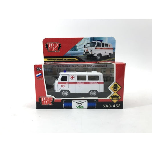 UAZ452-11AMB-WH Машина металл уаз-452 "буханка" СКОРАЯ 10,5 см, двери, инерц, кор. Технопарк в кор.2