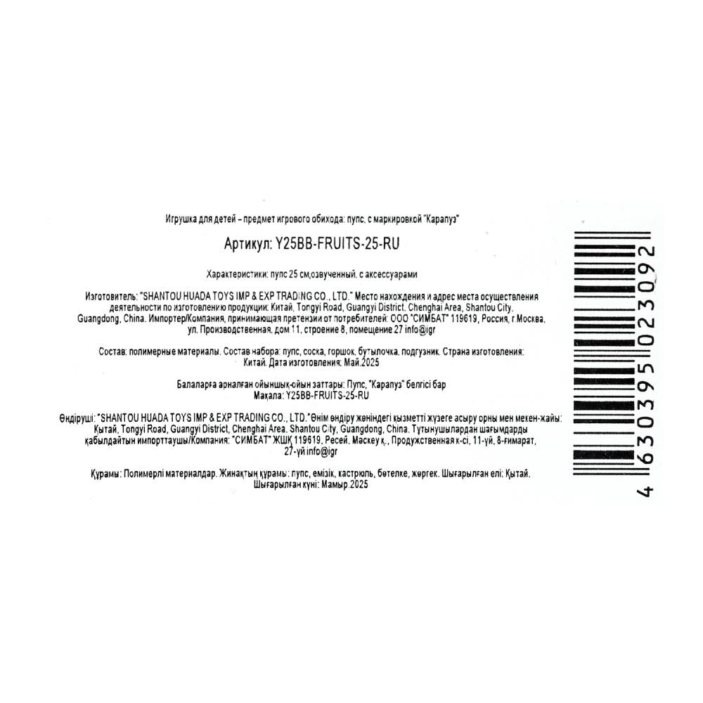 Пупс озвуч 25 см, пьет, писает, закр. глазки, 4 акс., в кор КАРАПУЗ в кор.24шт