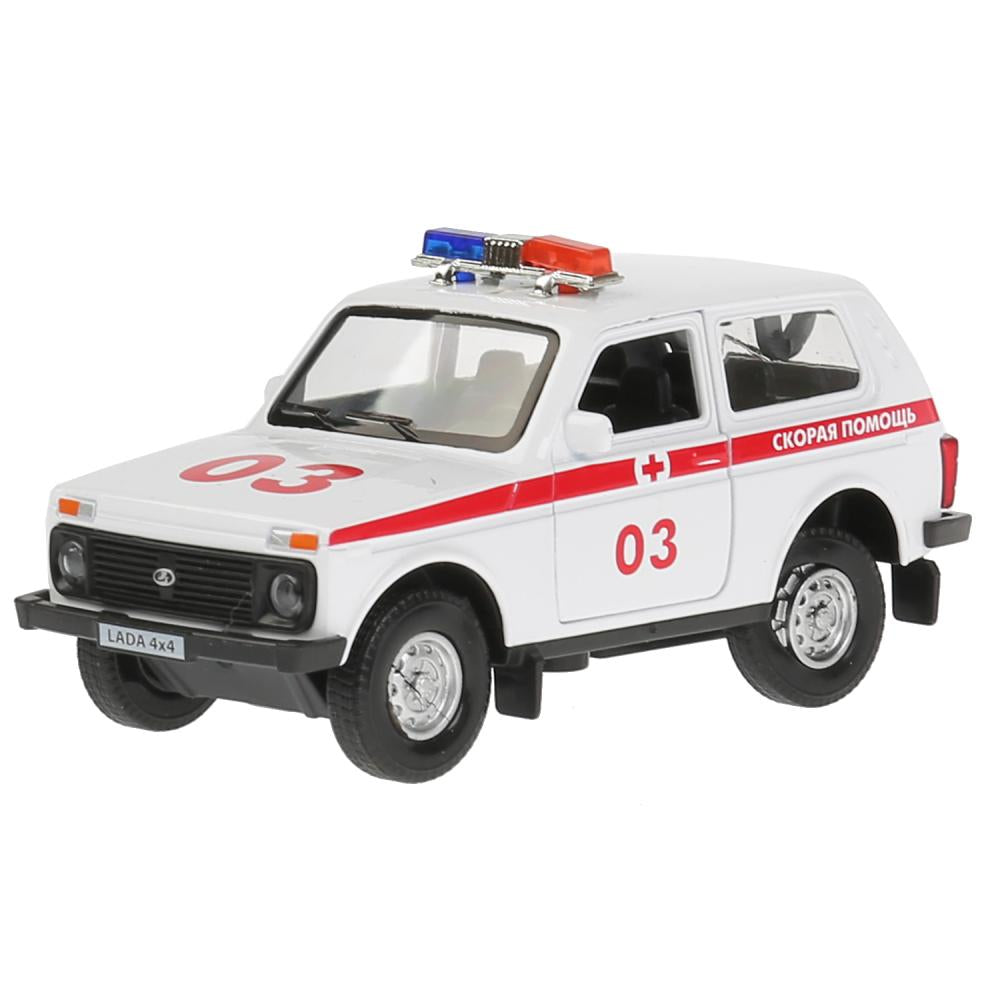Машина металл свет-звук "LADA 4x4 СКОРАЯ" 12см, открыв. двери, инерц. в кор. Технопарк в кор.2*36шт