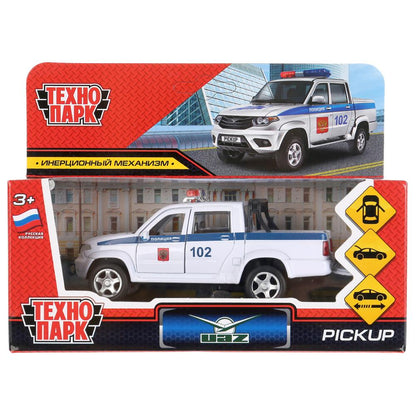 Машина металл "uaz pickup полиция" 12см, открыв. двери, инерц, белый в кор. Технопарк в кор.2*36шт