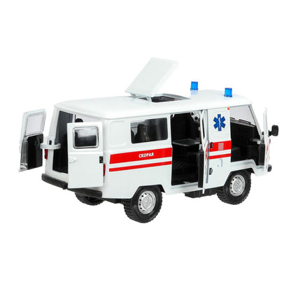 Машина металл свет-звук UAZ УАЗ 452 СКОРАЯ, 18,5 см, св-зв,дв,люк,баг,ин,бел Технопарк в кор.2*18шт
