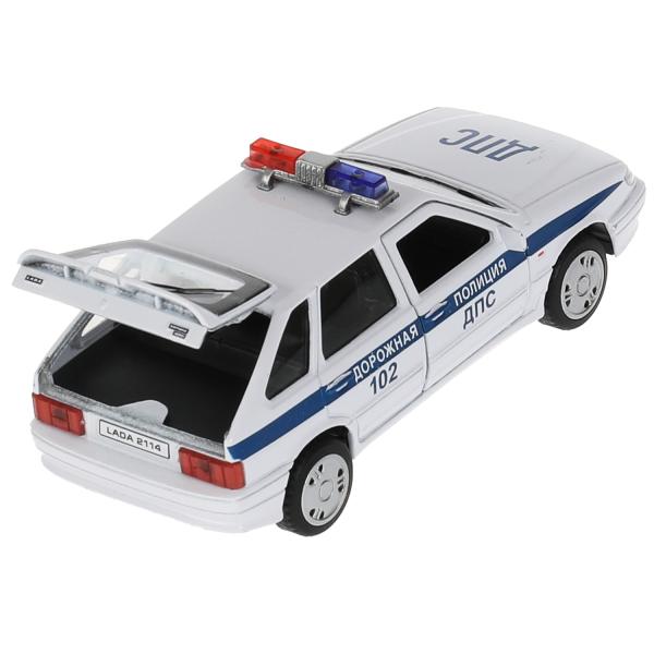 Машина металл LADA-2114 "SAMARA" ПОЛИЦИЯ 12 см, двери, багаж, белый, кор. Технопарк в кор.2*36шт