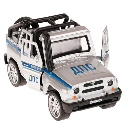 Машина металл UAZ HUNTER ПОЛИЦИЯ 11,5 см, двери, багаж, серебристый, кор. Технопарк в кор.2*36шт