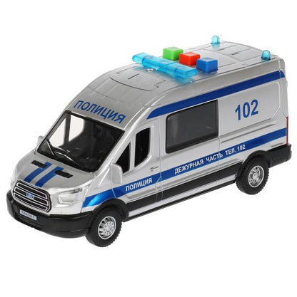 Машина пластик свет-звук FORD TRANSIT ПОЛИЦИЯ 16 см, двери, 3 кнопки, кор. Технопарк в кор.2*36шт