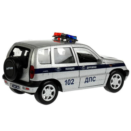 Машина металл LADA NIVA ПОЛИЦИЯ 12 см, двери, багаж, инерц, серебрист, кор. Технопарк в кор.2*36шт