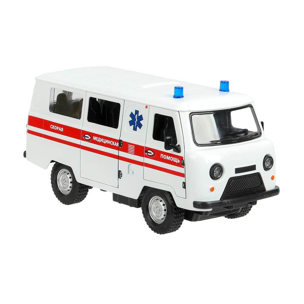 Машина металл свет-звук UAZ УАЗ 452 СКОРАЯ, 18,5 см, св-зв,дв,люк,баг,ин,бел Технопарк в кор.2*18шт