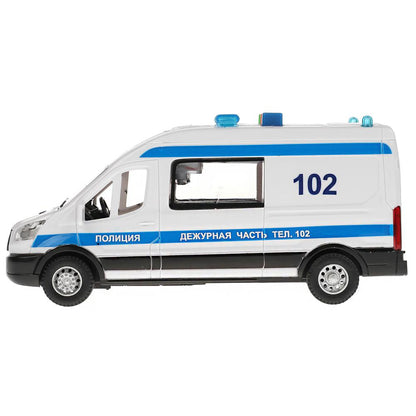 TRANSITVAN-16PLPOL-WH Машина пластик свет-звук FORD TRANSIT ПОЛИЦИЯ 16 см, двери, 3 кнопки, кор. Тех