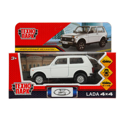 Машина металл LADA 4x4 длина 12 см, двери, багаж, инерц, белый, кор. Технопарк в кор.2*36шт