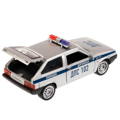2108-12SLPOL-SR328308 Машина металл свет-звук LADA-2108 "СПУТНИК" ПОЛИЦИЯ 12 см, двери, кор. Технопа
