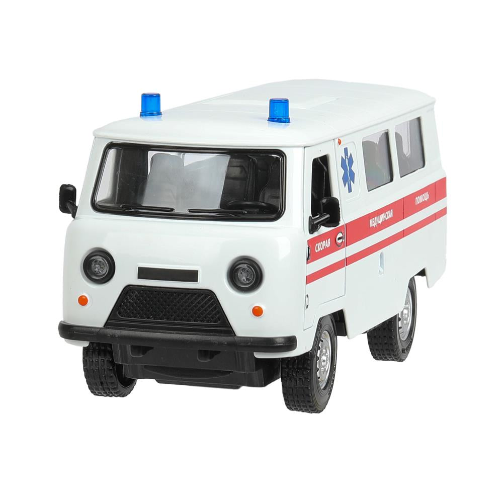 Машина металл свет-звук UAZ УАЗ 452 СКОРАЯ, 18,5 см, св-зв,дв,люк,баг,ин,бел Технопарк в кор.2*18шт