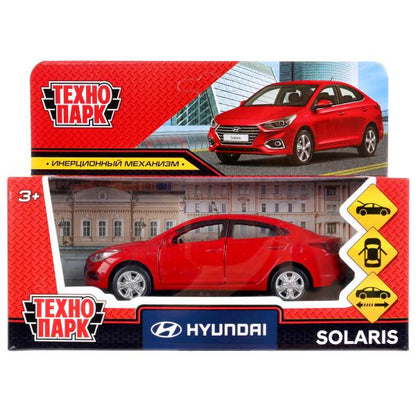 Машина металл HYUNDAI SOLARIS длина 12 см, двер, багаж, инерц, красный, кор. Технопарк в кор.2*36шт
