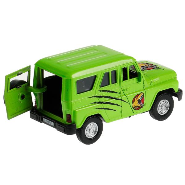 Машина металл UAZ HUNTER ДИНОЗАВРЫ 11,5 см, двер, багаж, ин, салатовый, кор. Технопарк в кор.2*36шт