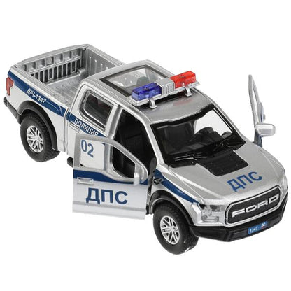 F150RAP-12POL-SR 326505 Машина металл FORD F150 RAPTOR ПОЛИЦИЯ 12 см, двери, багаж, ин, серебр, кор.