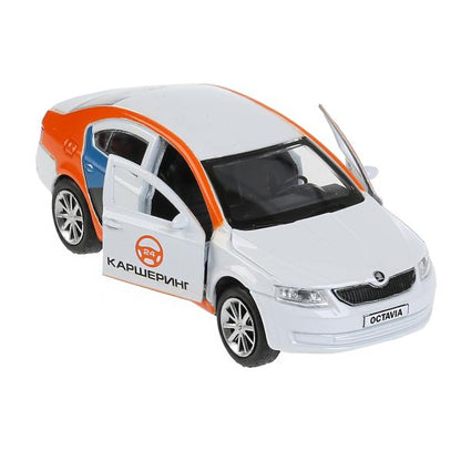 Машина металл "skoda octavia каршеринг" 12см, откр.двери, инерц., белый в кор. Технопарк в кор2*36шт