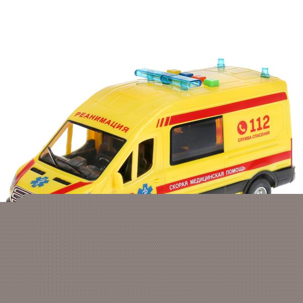 Машина свет+звук "ford transit реанимация" 22,5см, пластик, откр.двери, инерц. Технопарк в кор2*18шт