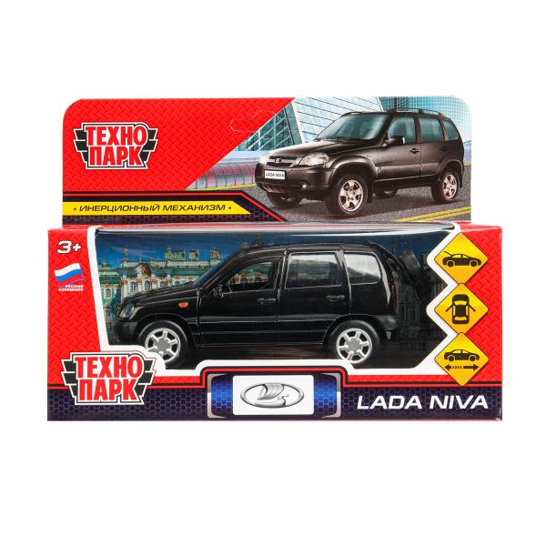 Машина металл LADA NIVA длина 12 см, двери, багаж, инерц, черный, кор. Технопарк в кор.2*36шт