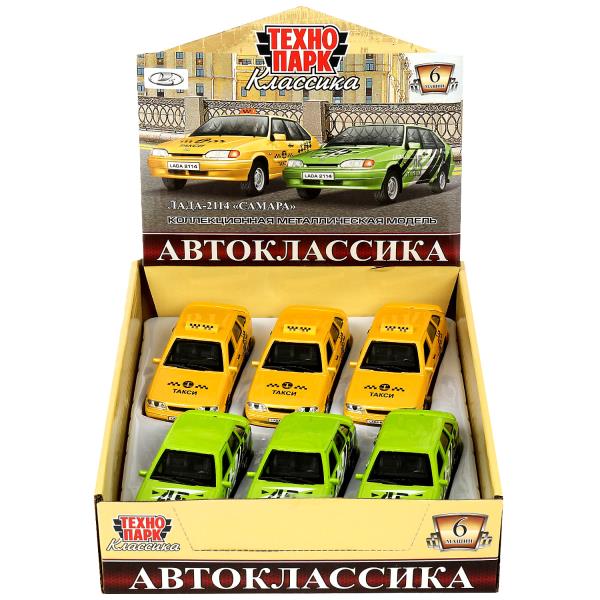 Машина металл LADA -2114 такси/спорт 12 см, двер, багаж, инер, ассорт, дисп. Технопарк уп-6шт в кор.