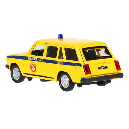 Машина металл свет-звук ВАЗ-2104 ЖИГУЛИ МИЛИЦИЯ 12 см,двери,желтый, кор. Технопарк в кор.2*36шт