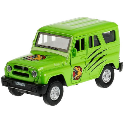 Машина металл UAZ HUNTER ДИНОЗАВРЫ 11,5 см, двер, багаж, ин, салатовый, кор. Технопарк в кор.2*36шт