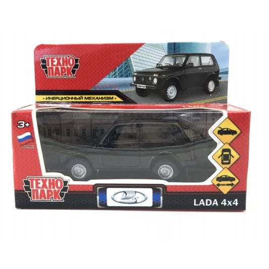 Машина металл LADA 4x4 длина 12 см, двери, багаж, инерц, черный, кор. Технопарк в кор.2*36шт