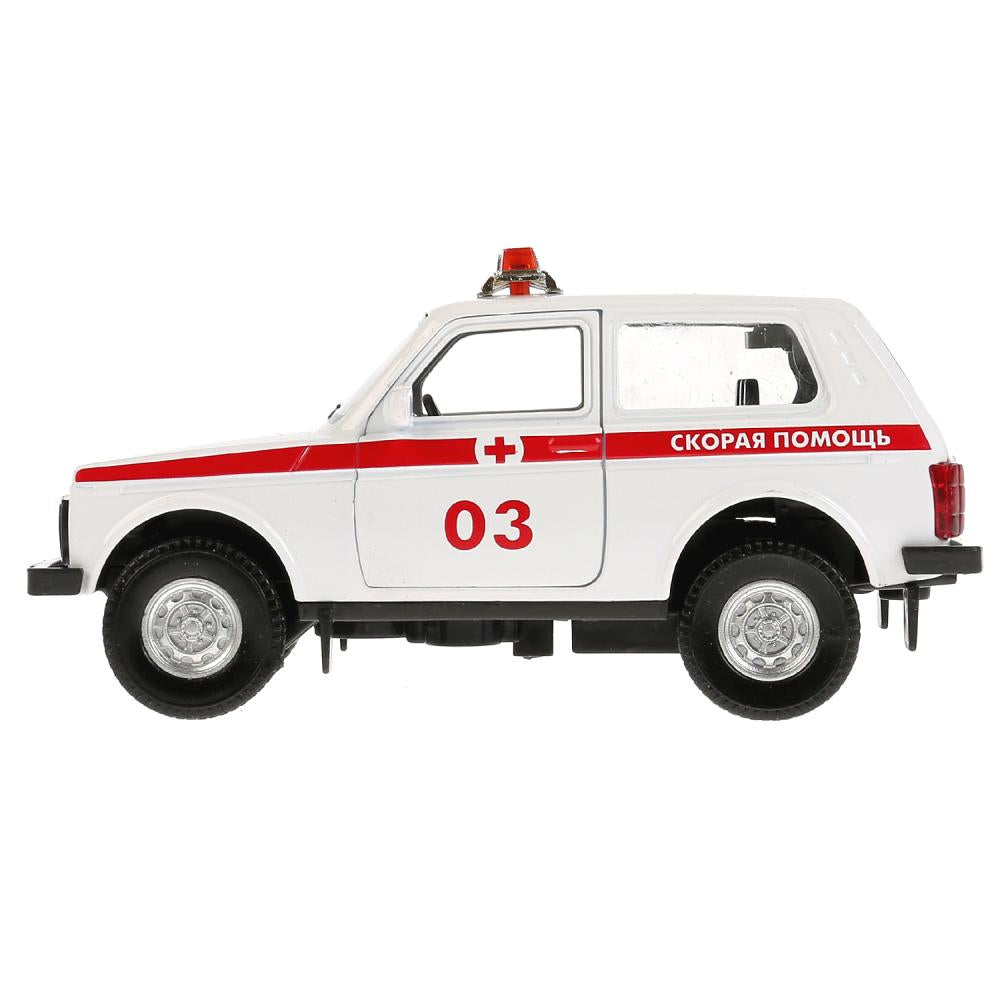 Машина металл свет-звук "LADA 4x4 СКОРАЯ" 12см, открыв. двери, инерц. в кор. Технопарк в кор.2*36шт