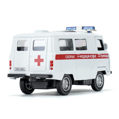 Машина металл свет-звук уаз-452 "буханка" СКОРАЯ 10,5 см, двери, инерц, кор. Технопарк в кор.2*36шт