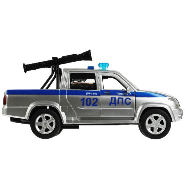 Машина пластик свет-звук UAZ PICKUP ПОЛИЦИЯ 22 см, 4 кнопки, пушка, кор. Технопарк в кор.2*18шт