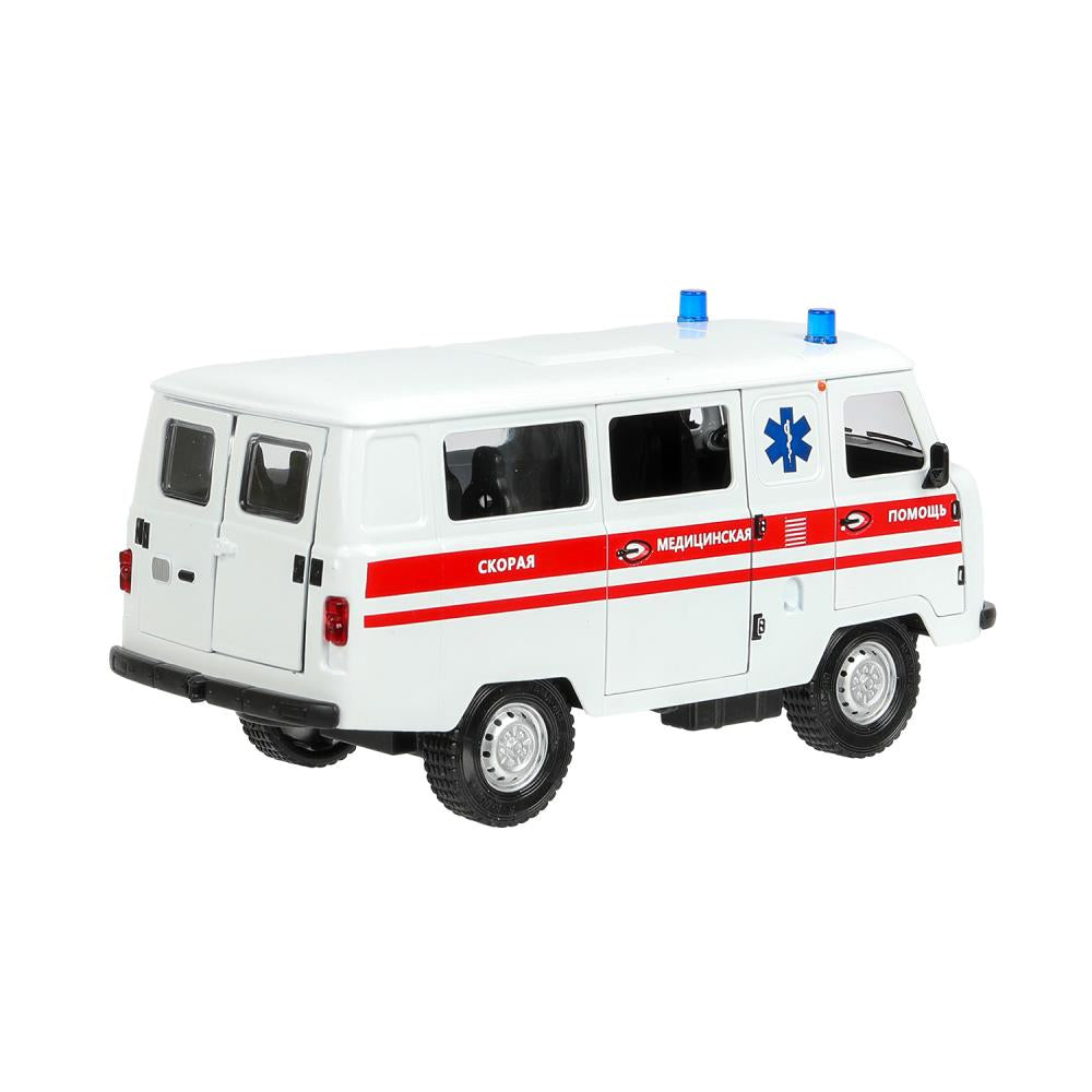 Машина металл свет-звук UAZ УАЗ 452 СКОРАЯ, 18,5 см, св-зв,дв,люк,баг,ин,бел Технопарк в кор.2*18шт