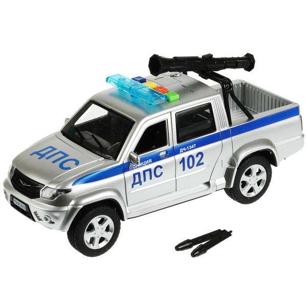 Машина пластик свет-звук UAZ PICKUP ПОЛИЦИЯ 22 см, 4 кнопки, пушка, кор. Технопарк в кор.2*18шт