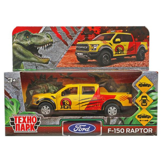 Технопарк. Модель "Ford F150 Raptor Динозавры" металл 12 см, двер, баг, желтый, арт.F150RAP-12DIN-YE