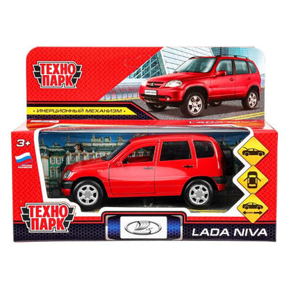 Машина металл LADA NIVA длина 12 см, двери, багаж, инерц, красный, кор. Технопарк в кор.2*36шт
