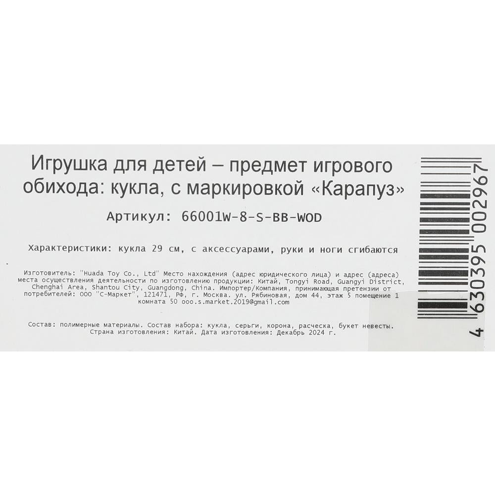 Кукла 29см кукла, руки и ноги сгиб., акс, кор КАРАПУЗ в кор.24шт