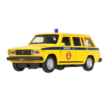 Машина металл свет-звук ВАЗ-2104 ЖИГУЛИ МИЛИЦИЯ 12 см,двери,желтый, кор. Технопарк в кор.2*36шт