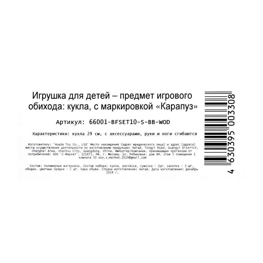 Кукла 29см София, руки и ноги сгиб., акс, кор КАРАПУЗ в кор.24шт