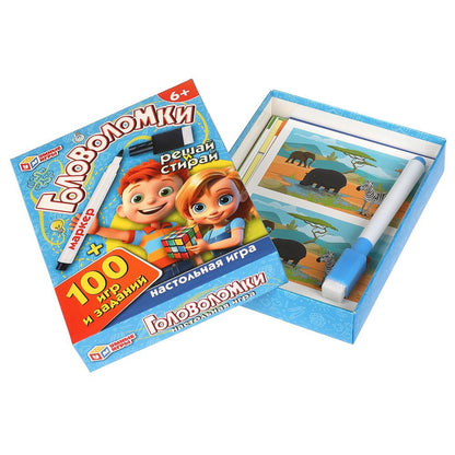 Головоломки. 100 игр и заданий. Игровые карточки и маркер. 110х140х25 мм. Умные игры в кор.50шт