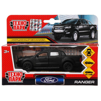 Машина металл FORD ranger ПИКАП, 12 см, .дв., баг., инерц., черый мат., кор. Технопарк в кор.2*24шт