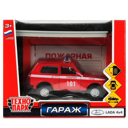 Технопарк. Гараж "Пожарная часть" пластик 20,5 см, + машинка LADA 4x4, крас, арт.GARAGESMA-20PLFRI-L