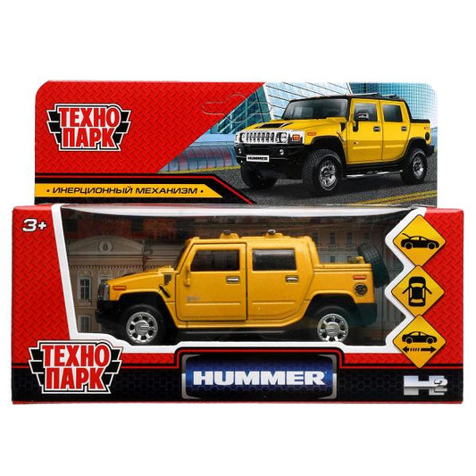 Машина металл HUMMER H2 PICKUP длина 12 см, двер, багаж, инерц, желтый, кор. Технопарк в кор.2*36шт