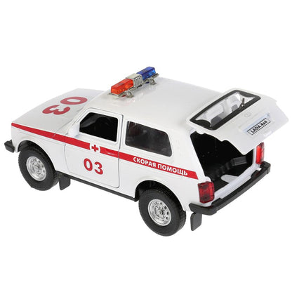 Машина металл свет-звук "LADA 4x4 СКОРАЯ" 12см, открыв. двери, инерц. в кор. Технопарк в кор.2*36шт