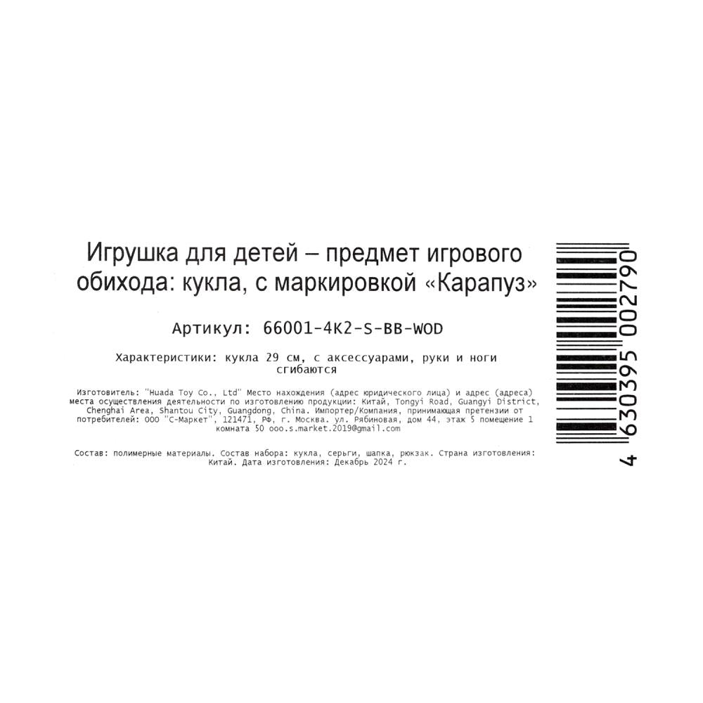 Кукла 29см София, руки и ноги сгиб., пит., акс., кор КАРАПУЗ в кор.24шт